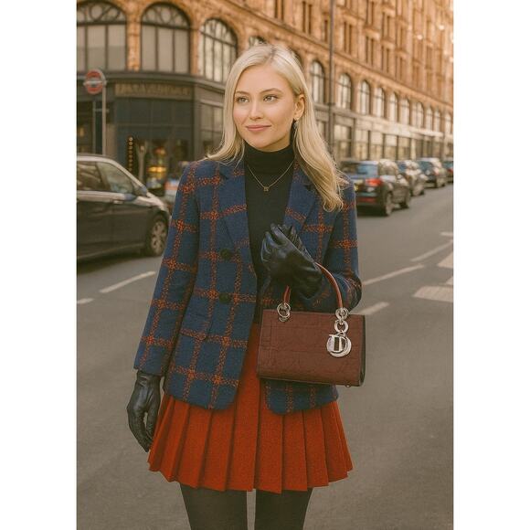 Cabi Plaid City Coat in Navy & Rust | Double-Breasted Fall Statement Jacket Edit - Picture 12 of 16